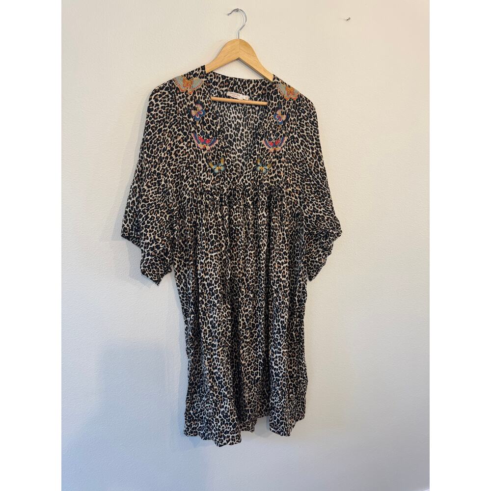 Johnny Was cheetah print butterfly embroidered midi dress